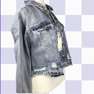 Industries Jeans Jacket Women Sz.Large Blue Denim Long Sleeve Distressed Raw Hem